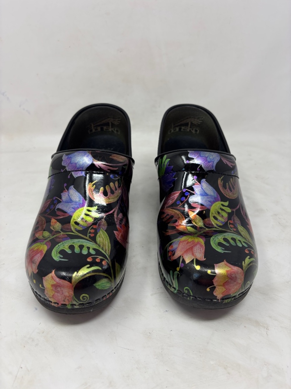 Dansko Black Floral Patent Clogs with Multicolor Blooms - Picture 2 of 8
